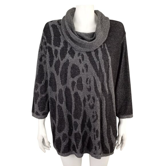 Jones New York Sweaters - Jones New York Signature Gray Black Metallic Animal Print Cowl Neck Sweater